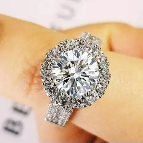 Sterling Silver halo round engagement ring - Picture 3 of 3